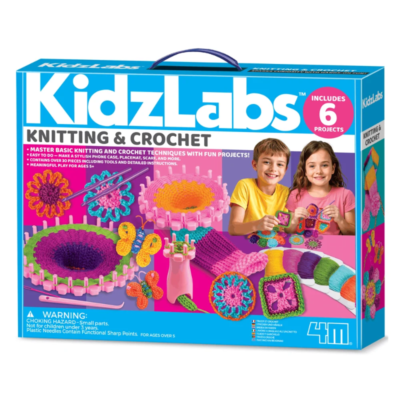 Kids knitting and crochet kit box with colorful projects, 6 included