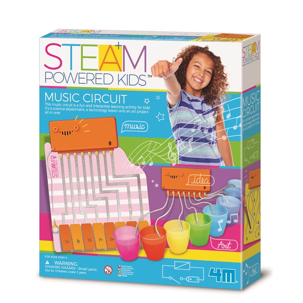 Kids music circuit STEAM kit in retail box with orange circuit and colored cups