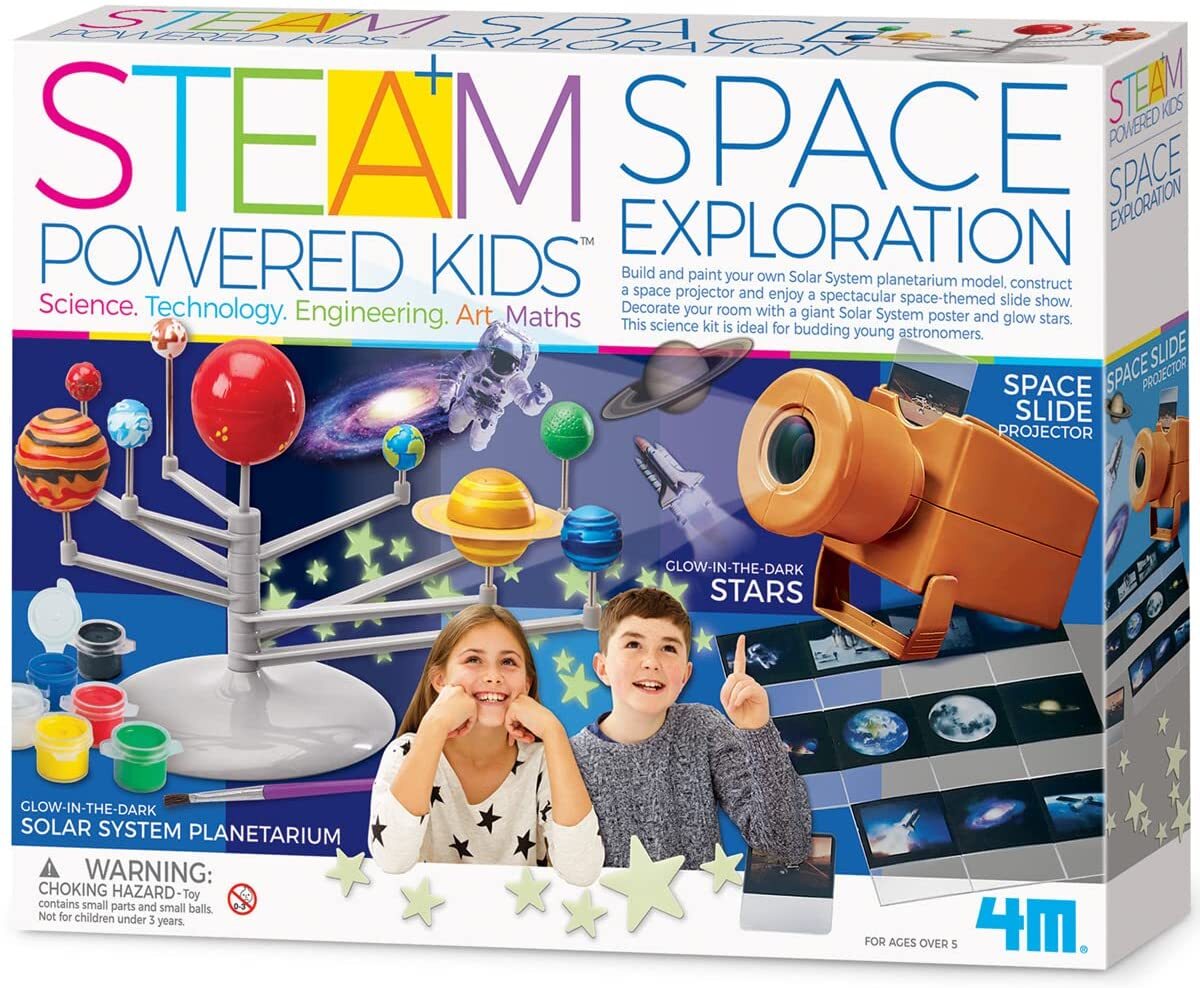 Steam space exploration science kit box with solar system graphics and telescope