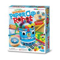Motorised paper cup robot kit box with colorful robot character and included parts