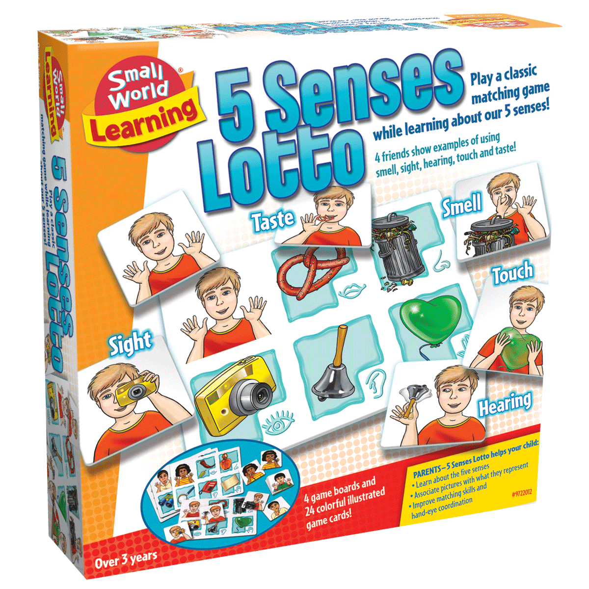 Board game box for 5 Senses Lotto with icons for sight, smell, touch, taste, hearing