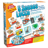 Board game box for 5 Senses Lotto with icons for sight, smell, touch, taste, hearing