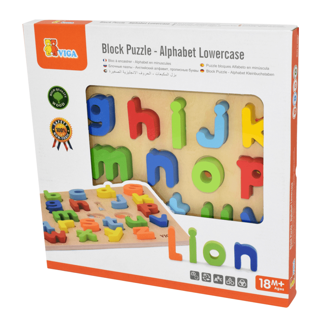 Alphabet lowercase block puzzle in retail box, with colorful letter tiles shown