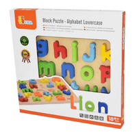 Alphabet lowercase block puzzle in retail box, with colorful letter tiles shown