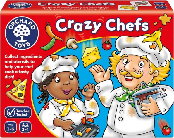 Board game box for 'Crazy Chefs' with colorful illustrations of chefs and ingredients.