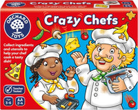 Board game box for 'Crazy Chefs' with colorful illustrations of chefs and ingredients.