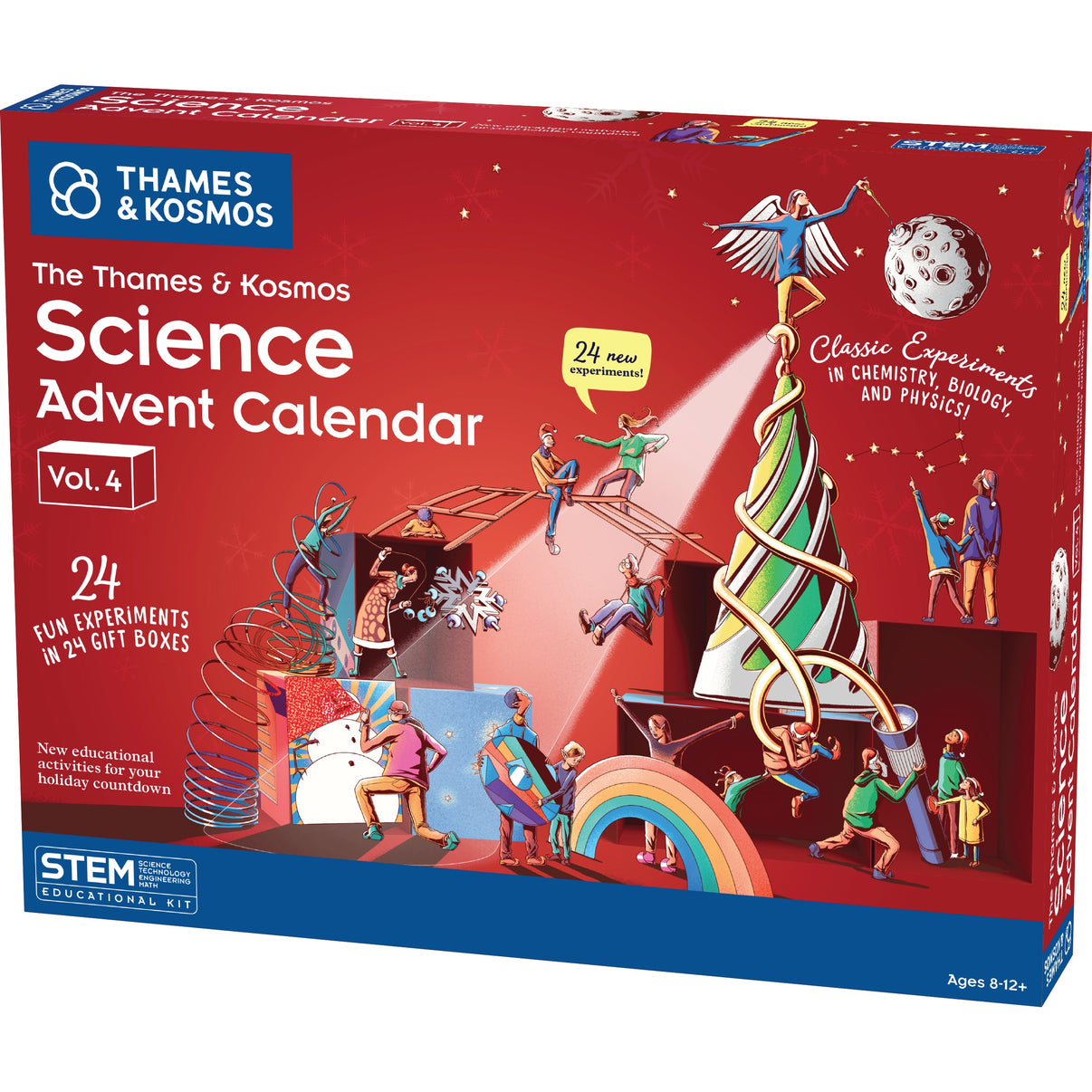 The Thames & Kosmos Science Advent Calendar Vol. 4 box, featuring a red cover with colorful illustrations of people exploring scientific concepts and a rainbow.