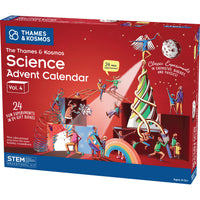 The Thames & Kosmos Science Advent Calendar Vol. 4 box, featuring a red cover with colorful illustrations of people exploring scientific concepts and a rainbow.