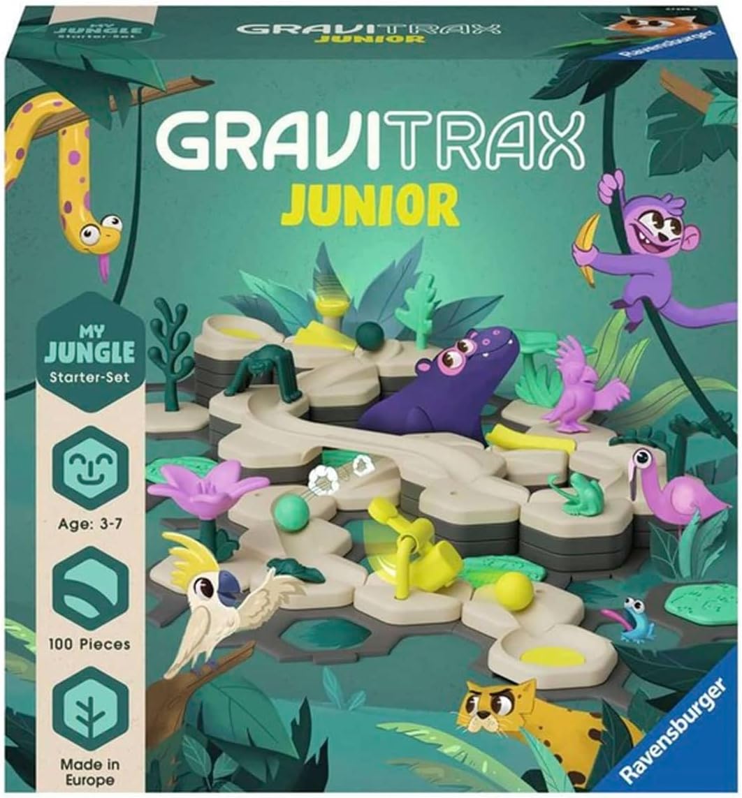 GraviTrax Junior toy set packaging with jungle-themed design and figures.