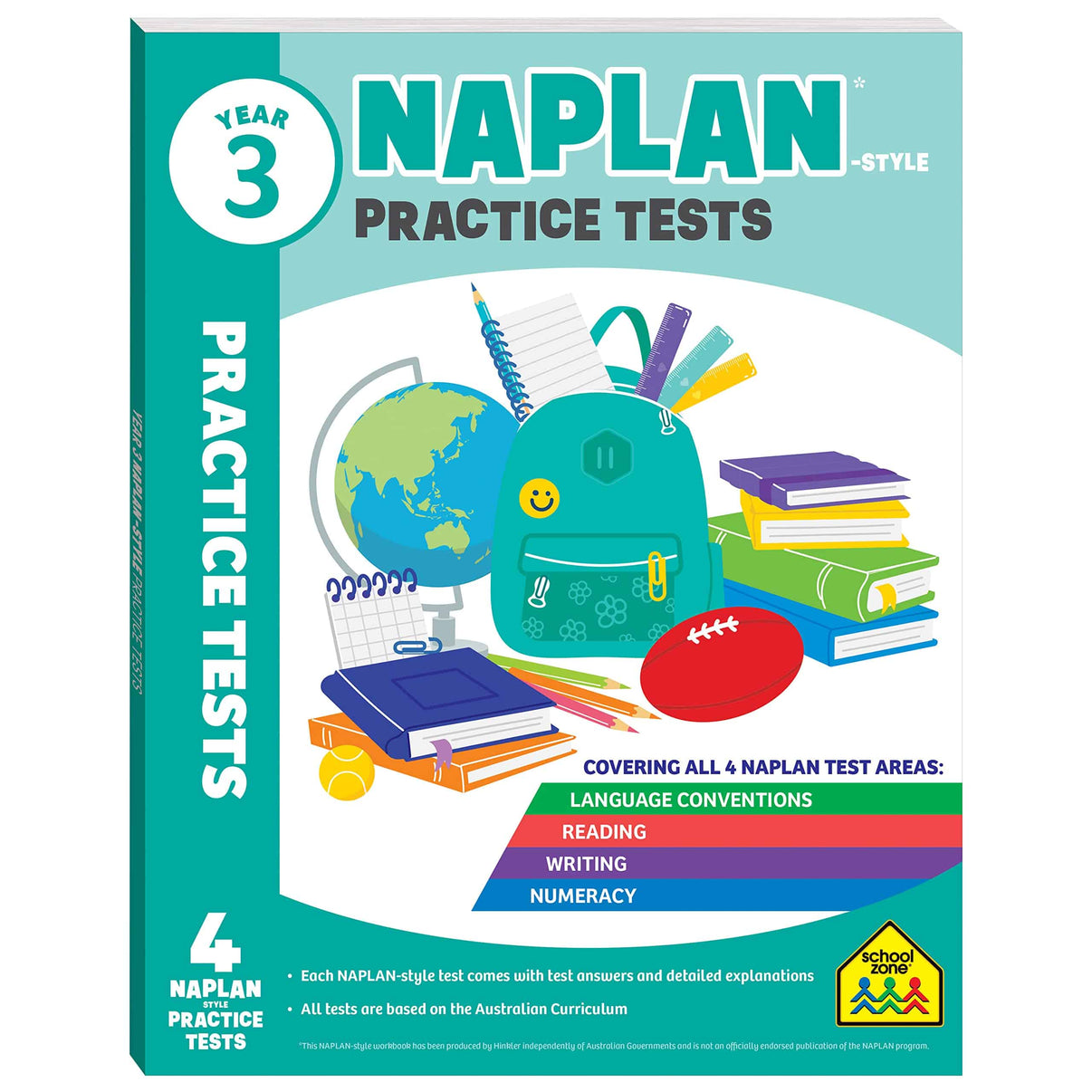 Year 3 NAPLAN-style practice tests book cover with subjects and tasks shown