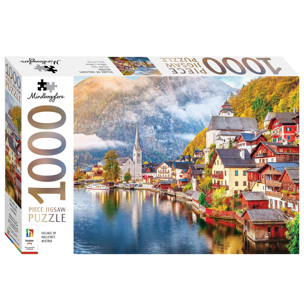 Mindbogglers 1000-piece jigsaw puzzle box, village scene artwork