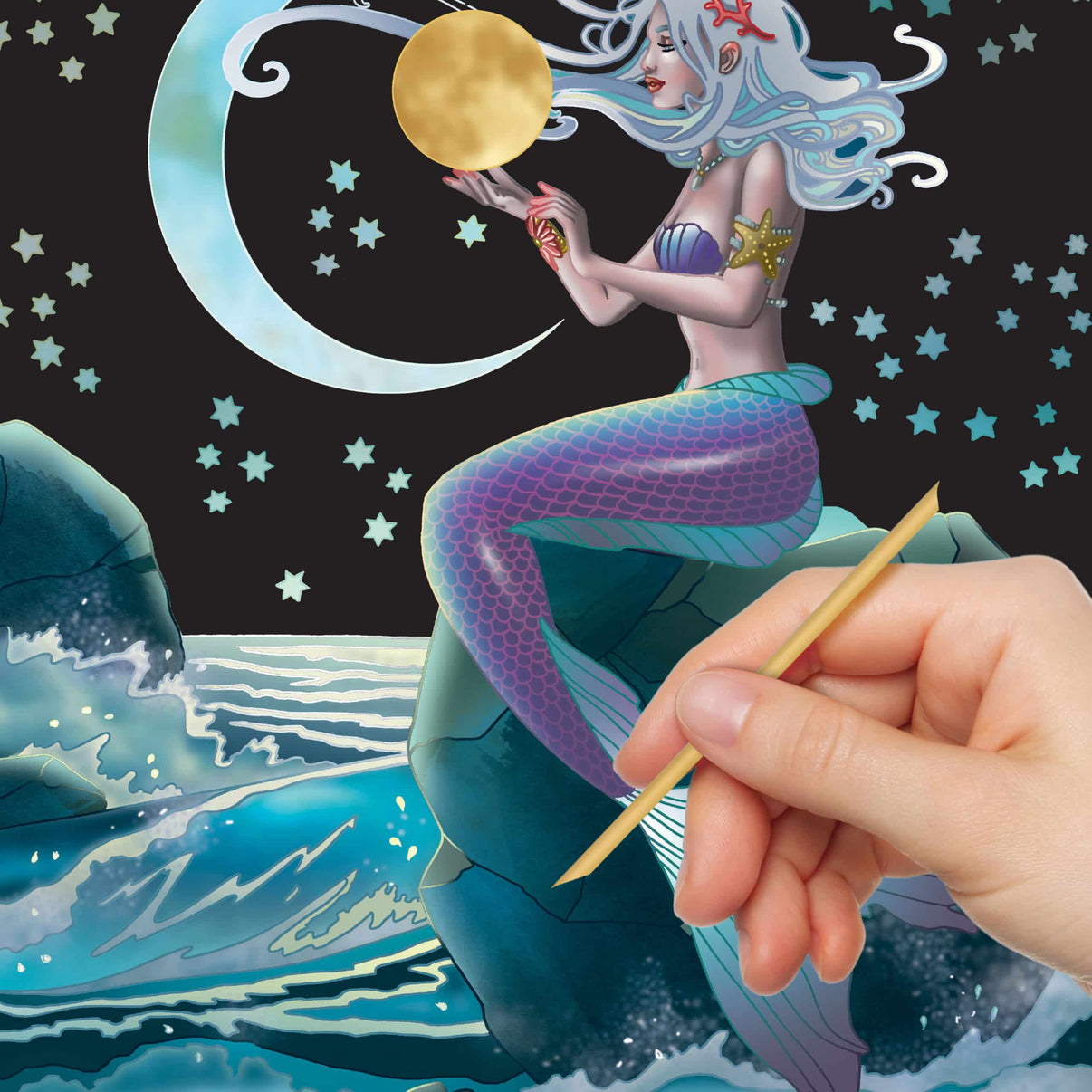 Picture etch art kit sheet with stylus, moon and mermaid figure in ocean