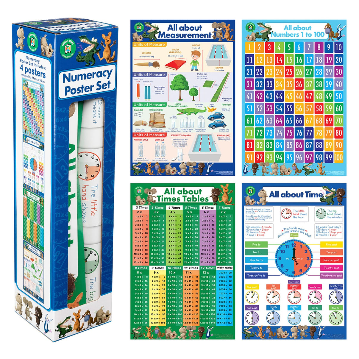 Set of 4 Learning Can Be Fun Numeracy posters including world-class illustrations for times tables and measurement.