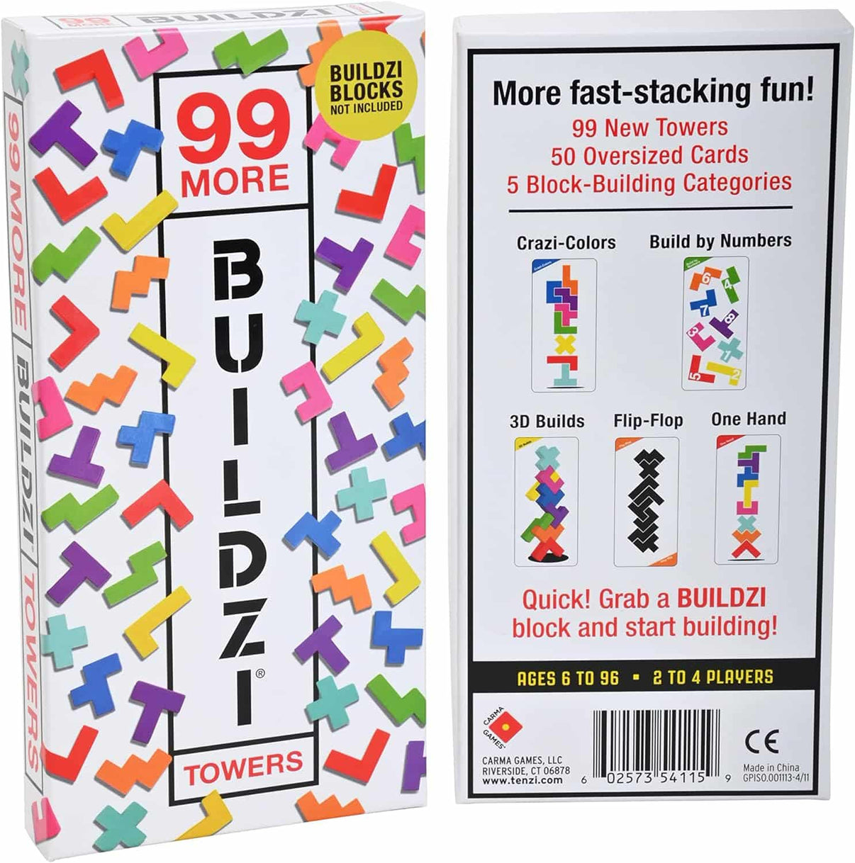 Buildzi Towers add-on cards game box, 99 More towers theme with colorful block pieces
