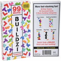 Buildzi Towers add-on cards game box, 99 More towers theme with colorful block pieces
