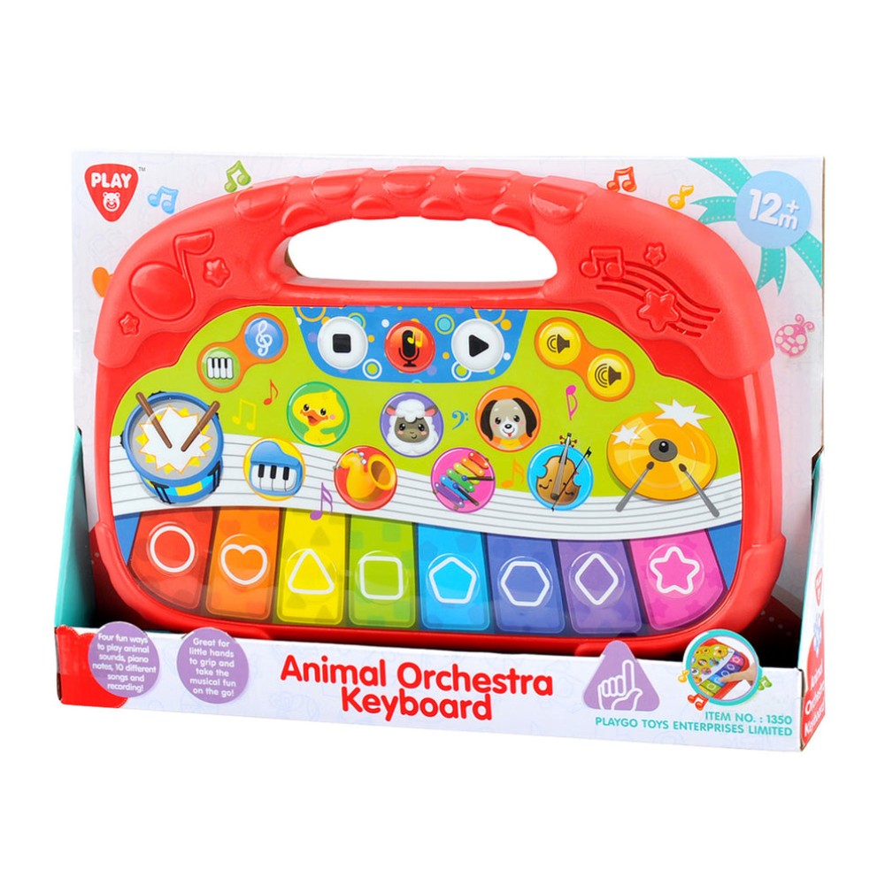 Red Animal Orchestra keyboard toy with colorful keys and animal buttons, with handle