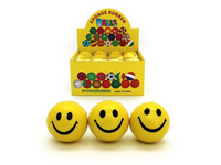 Set of yellow smiley print stress balls with a cardboard display box