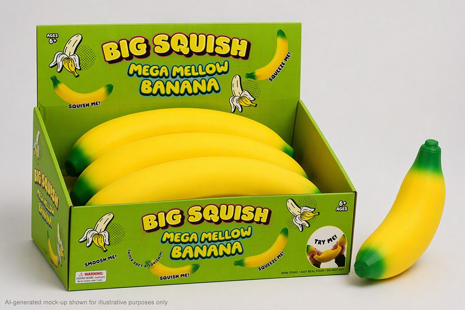 A display box filled with yellow banana-shaped squishy toys, with one loose banana toy standing beside it on a light gray background. The box is green with bold text reading 'BIG SQUISH MEGA MELLOW BANANA' and banana illustrations.