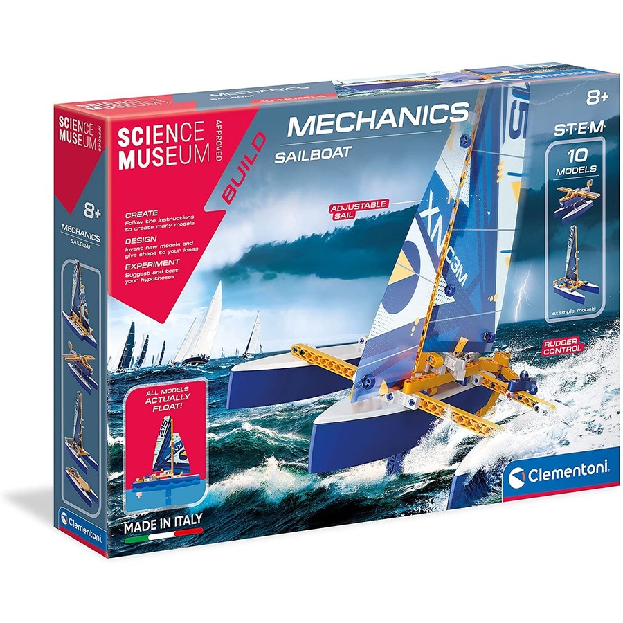Science mechanics sailboat model kit box, blue artwork with sailboat and components
