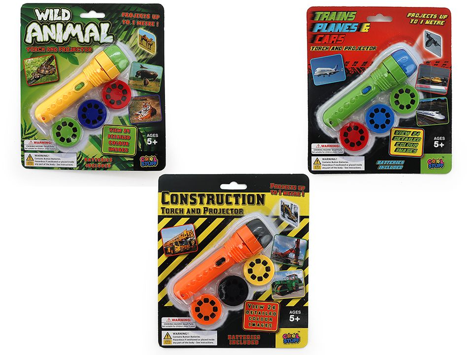 Three toy laser pointer sets in retail packaging, labeled Wild Animal, Train Planes & Cars, and Construction, each showing an orange laser pointer with colored circular targets on a white background.