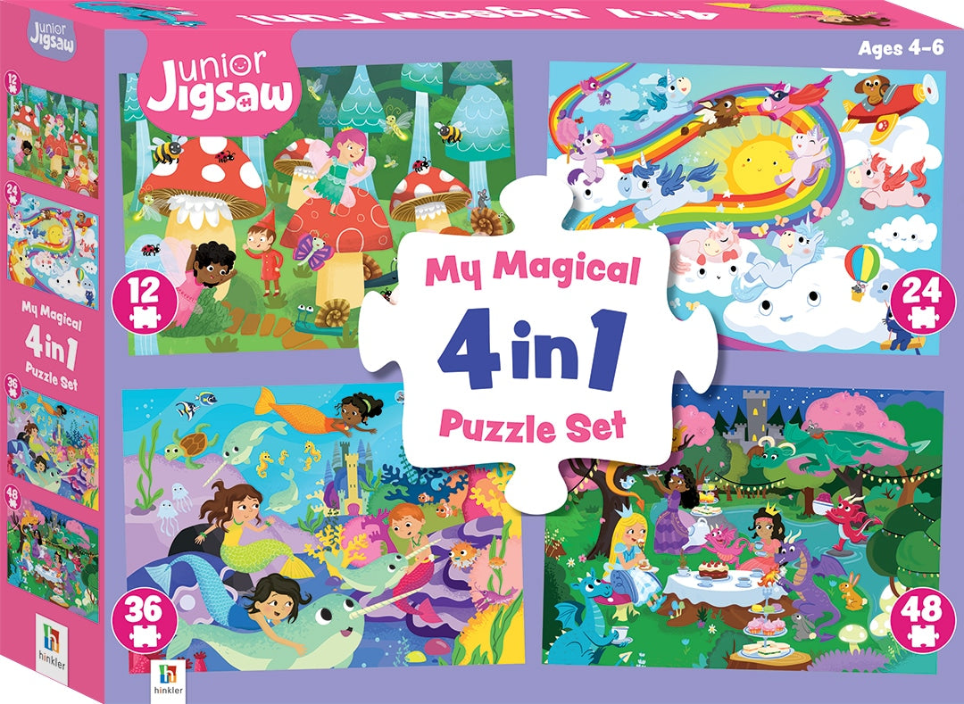 Junior Jigsaw 4-in-1 puzzle set box with colorful fairy and animal illustrations