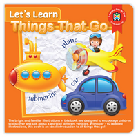 Book cover of 'Let's Learn Things That Go' with illustrations of a submarine, plane, and car on an orange background.