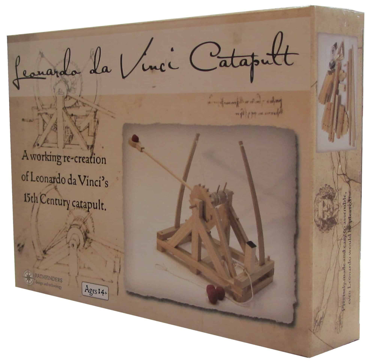 Packaging for a Leonardo da Vinci catapult kit, featuring the product name and an image of the assembled catapult, with da Vinci's original drawings in the background.