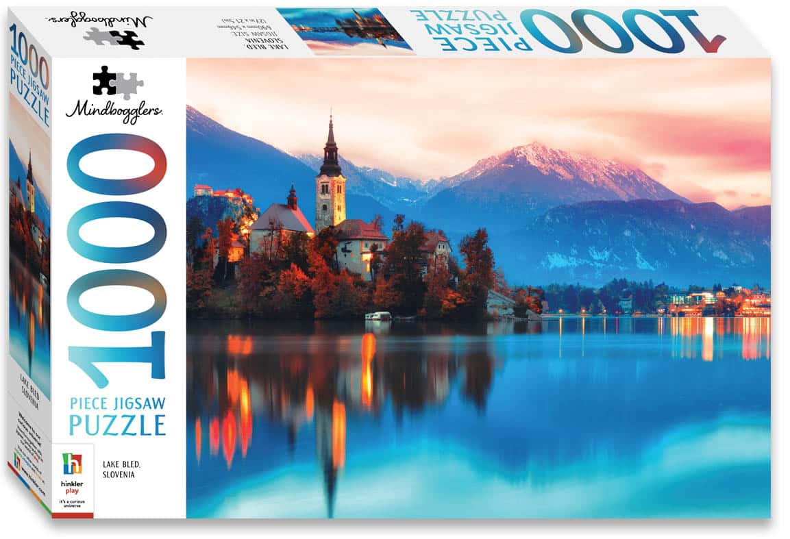 1000-piece jigsaw puzzle in box, scenic lake and mountains artwork