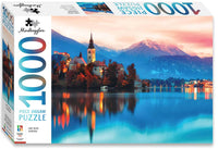 1000-piece jigsaw puzzle in box, scenic lake and mountains artwork