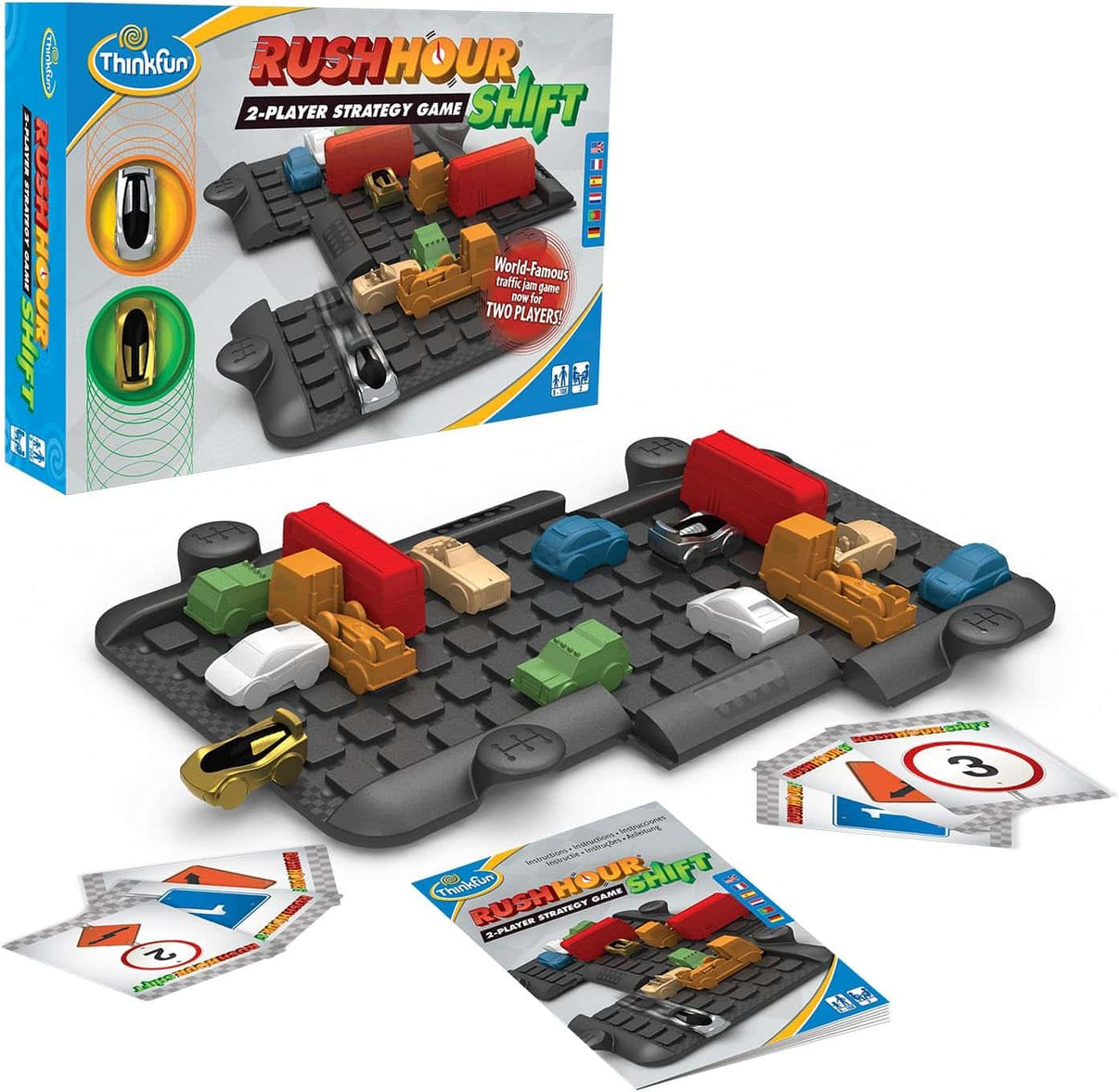 The image shows the ThinkFun Rush Hour Shift board game set, including the game board, sliding block pieces, hero cars, and cards.