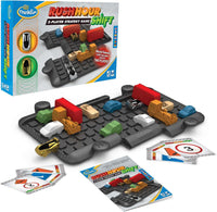 The image shows the ThinkFun Rush Hour Shift board game set, including the game board, sliding block pieces, hero cars, and cards.