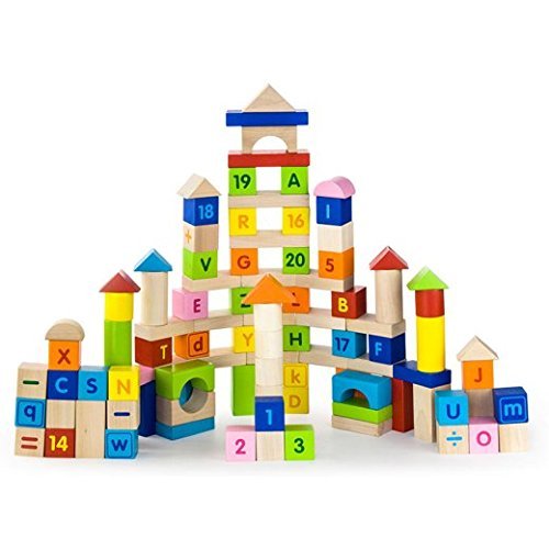 Colorful wooden alphabet and number blocks with letters and numbers on the sides
