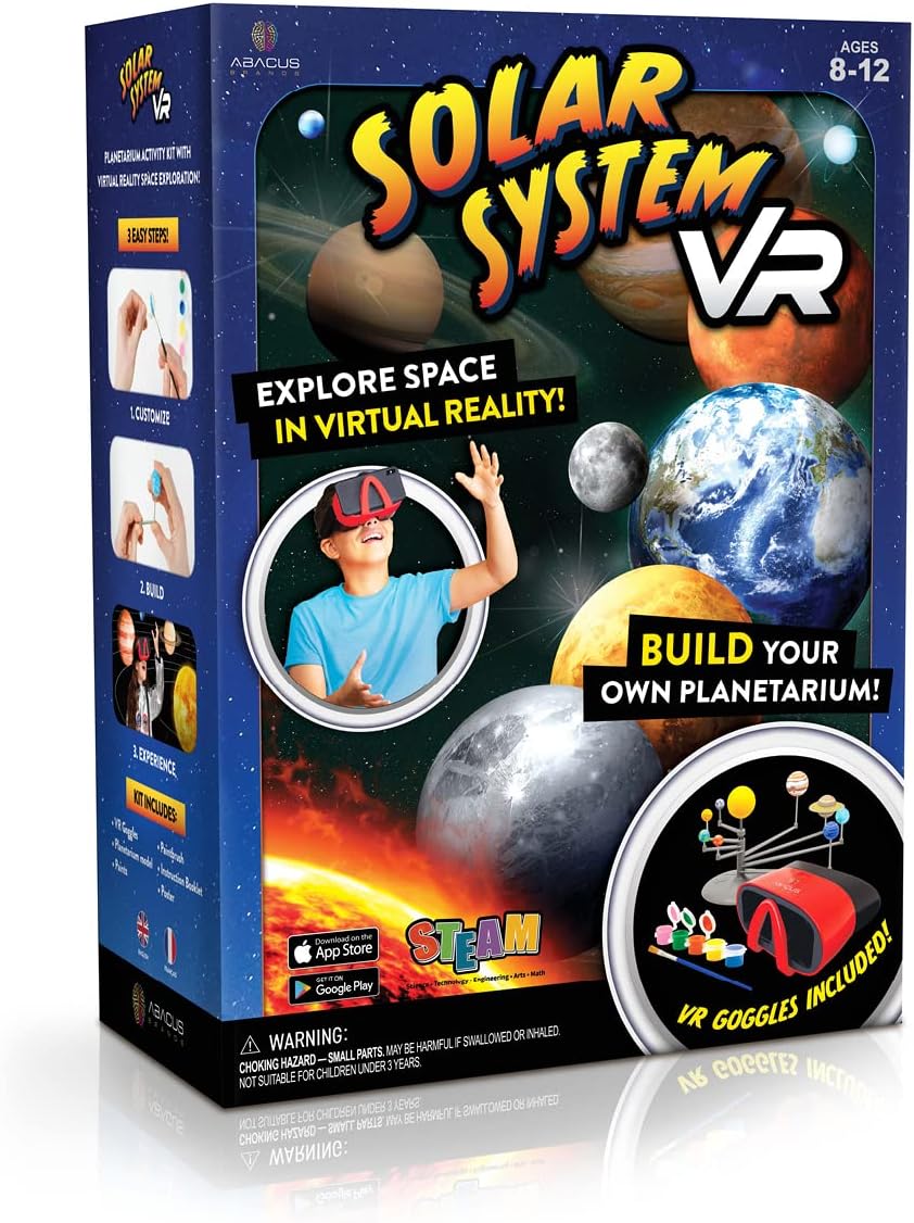 VR solar system kit box with colorful planets and included VR goggles, age 8–12