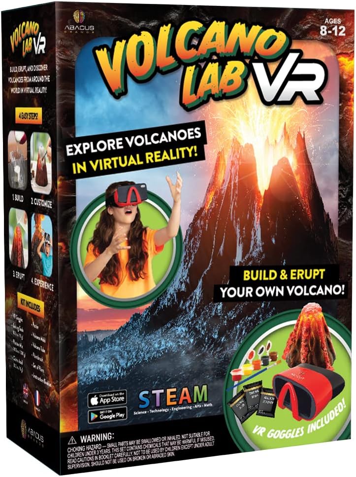 Volcano Lab VR box with girl wearing red VR headset and volcano artwork