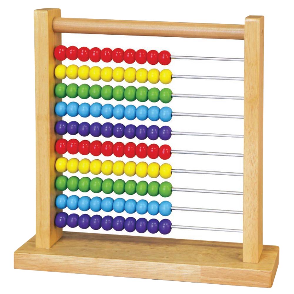 Wooden abacus with metal rods and multicolored beads in a rectangular frame