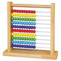 Wooden abacus with metal rods and multicolored beads in a rectangular frame