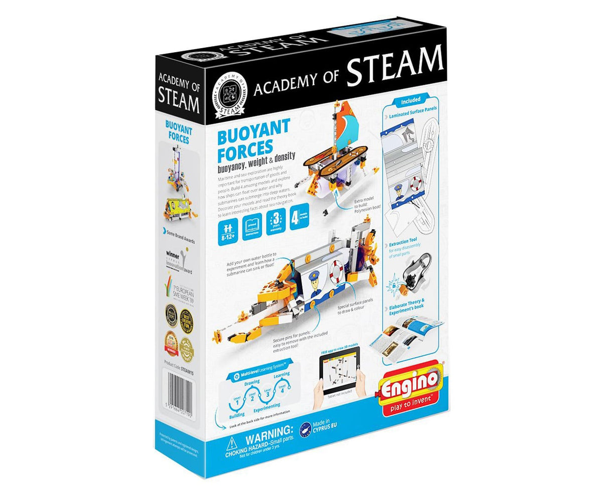 Steam buoyancy science building kit box with “Buoyant Forces” panel and play images