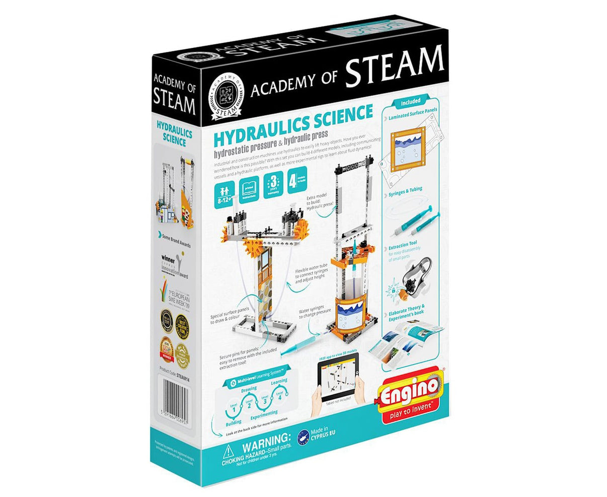 Hydraulics science kit box with diagrams and Engino logo, Academy of Steam branding