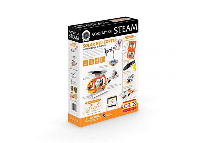 Solar helicopter STEM kit box with build diagrams and parts illustration