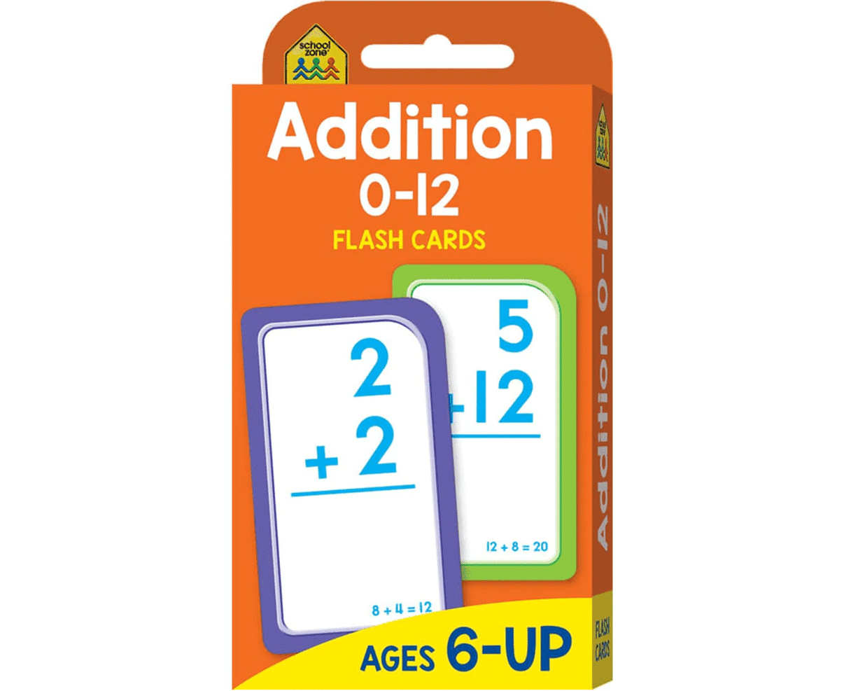 Addition 0-12 flash cards math set on retail package, ages 6-up