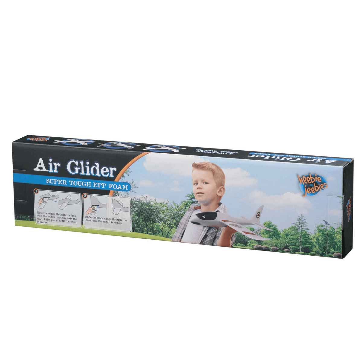 Foam air glider toy box with blue sky artwork and instruction panel graphics