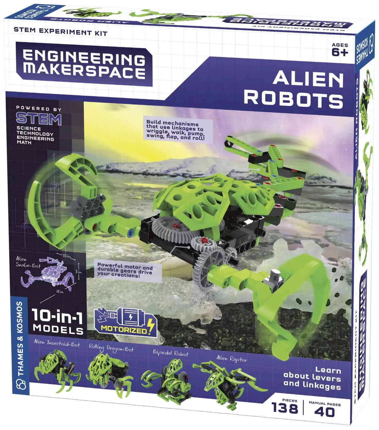 Alien robot STEM kit box with green robot model artwork and engineering makerspace title
