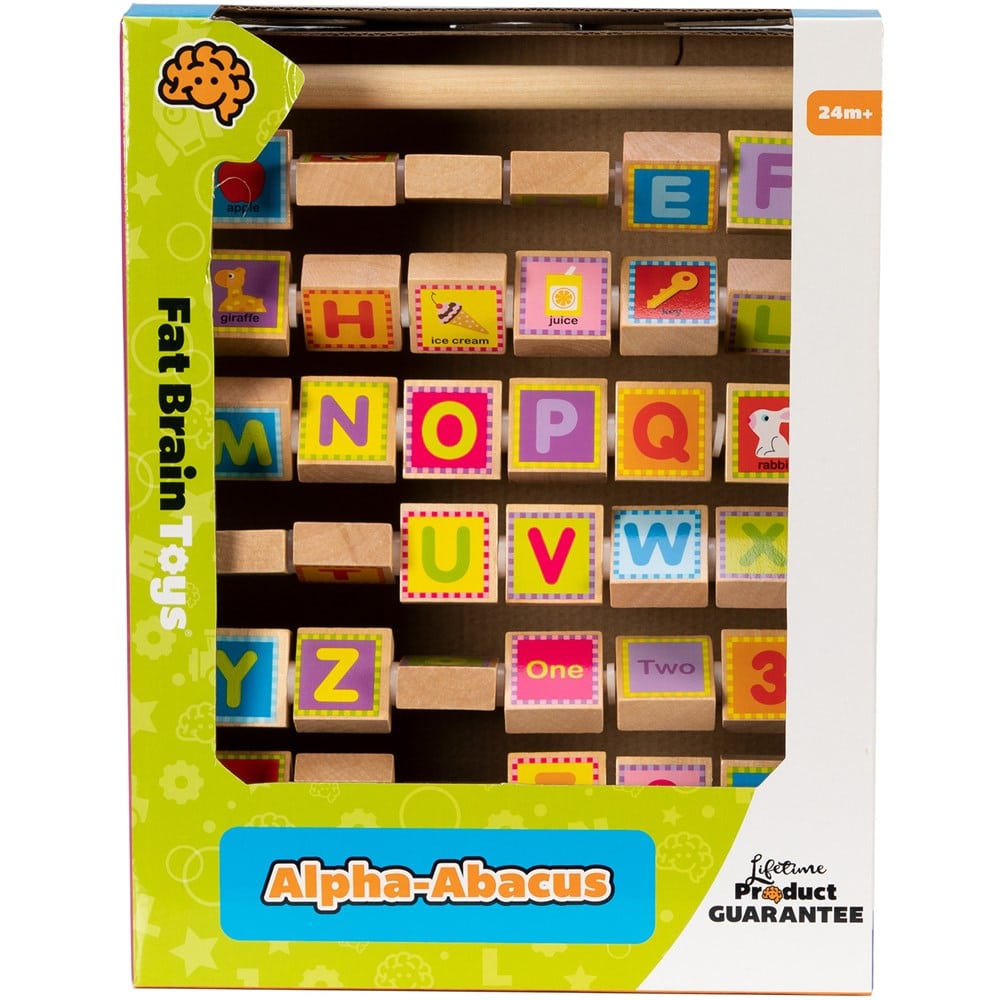 Alpha abacus learning toy with colorful letter blocks on a green A-frame stand