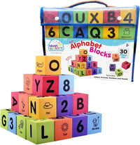 Alphabet foam blocks set with colorful letter, number, and picture cubes in a stack