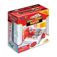 Red toy racer playset in retail box with clear window and visible white-and-red machine