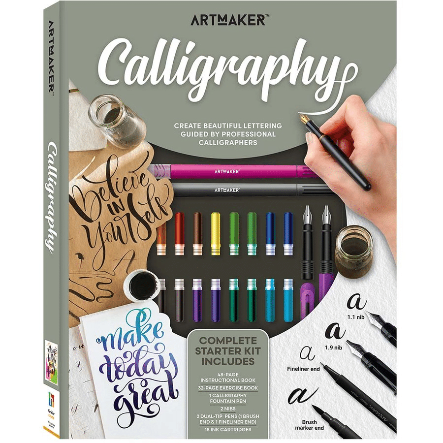 ArtMaker calligraphy kit box with markers, ink colors, and starter tools