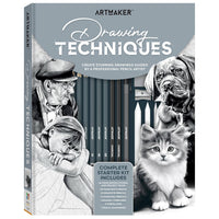 Drawing Techniques starter kit book cover with pencils, dog, and cat illustrations