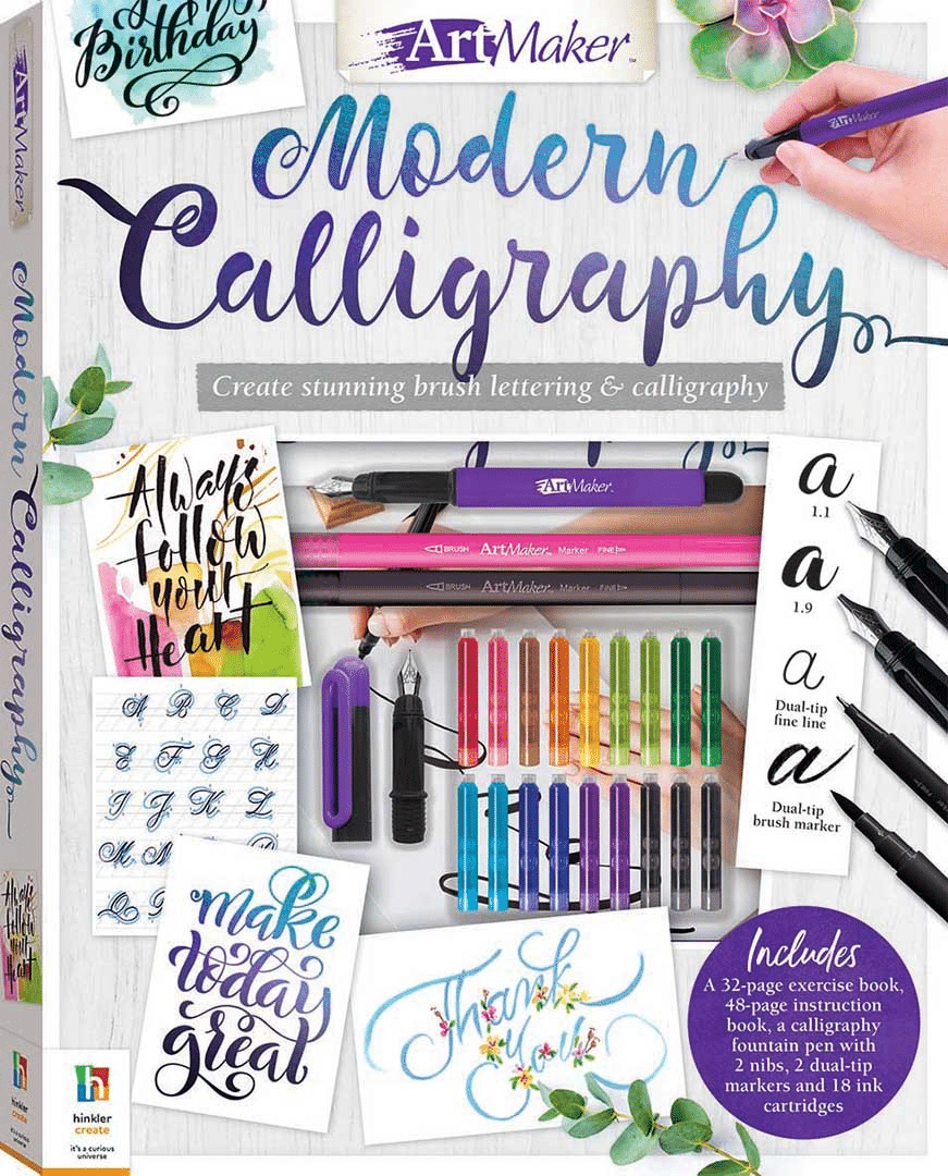 Modern calligraphy kit with marker pens, ink bottle, and instruction pages