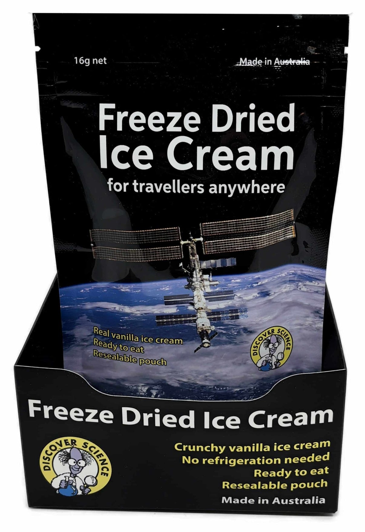 Freeze-dried ice cream pouch, black with space graphic and vanilla flavor label