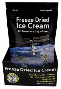 Freeze-dried ice cream pouch, black with space graphic and vanilla flavor label